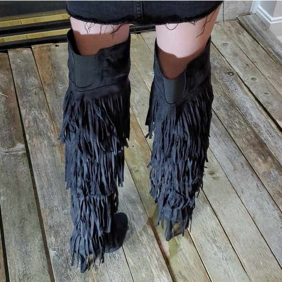 Black 4 Layer Fringe Stiletto Over the Knee Boots Catwalk Sexy 6M NWOT - Picture 2 of 11